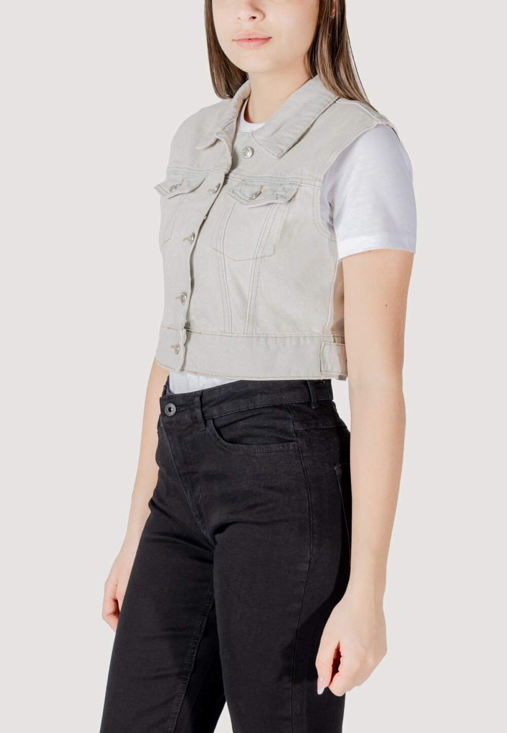 Smanicato Only onlbeverly vest tint bleach dnm red tai Denim chiaro - Foto 2