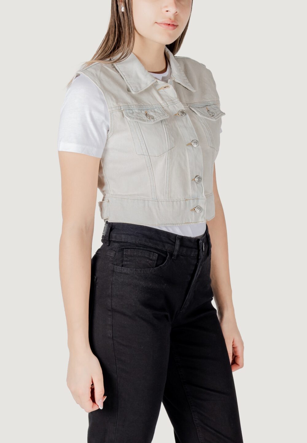 Smanicato Only onlbeverly vest tint bleach dnm red tai Denim chiaro - Foto 3