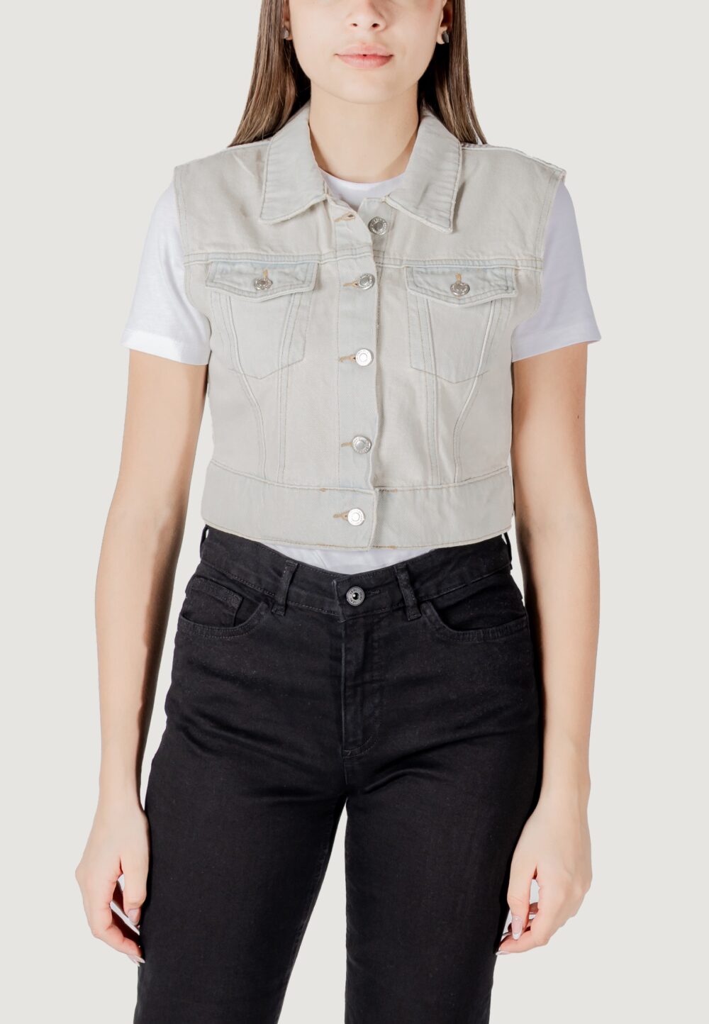 Smanicato Only onlbeverly vest tint bleach dnm red tai Denim chiaro - Foto 5