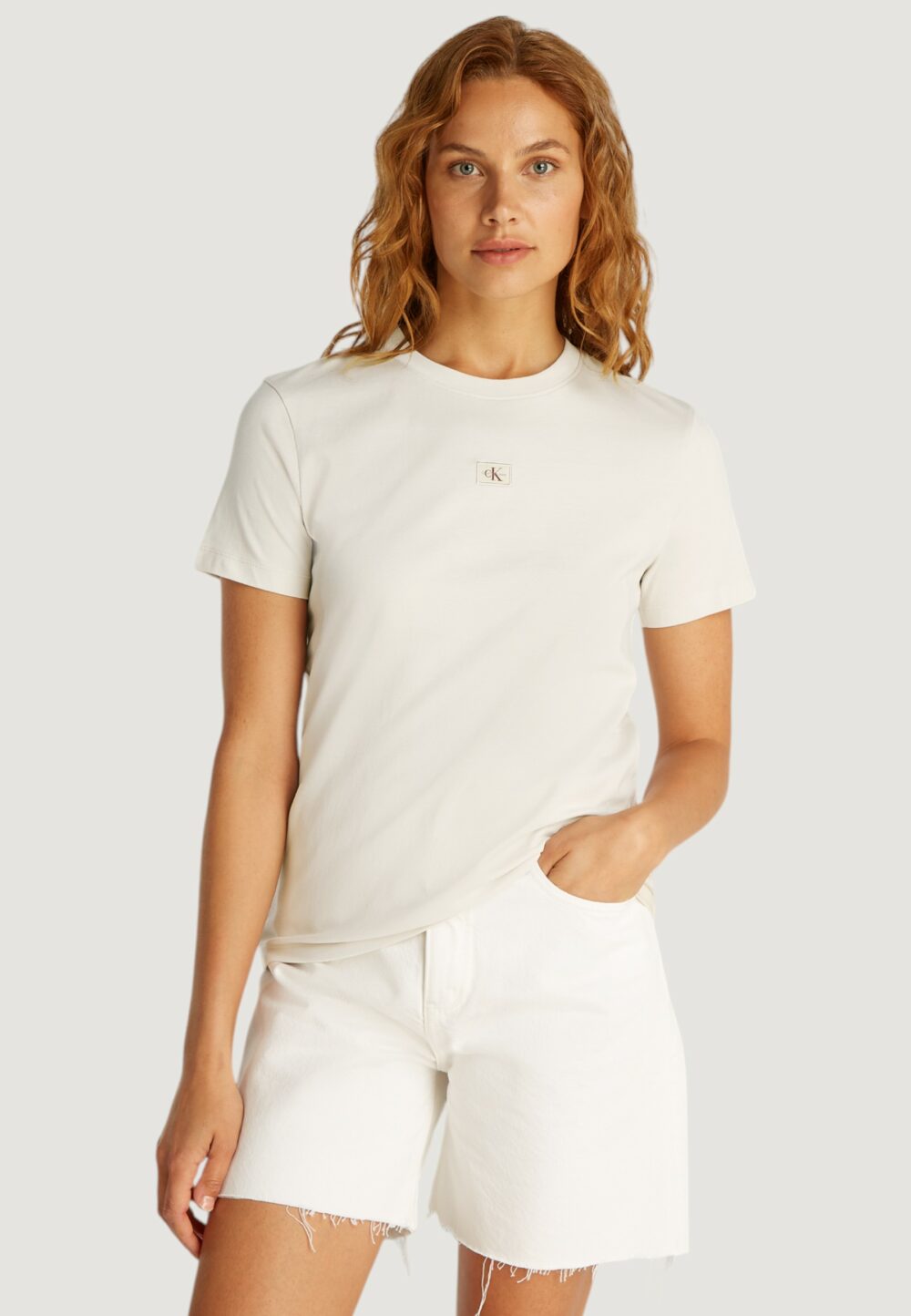 T-shirt Calvin Klein Jeans woven label regular Beige chiaro - Foto 1