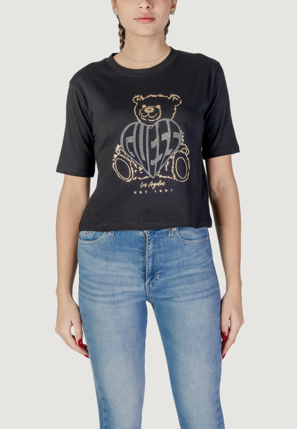 T-shirt Guess Active rhinestone bear boxy Nero - Foto 1