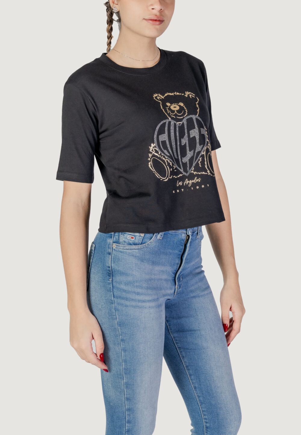 T-shirt Guess Active rhinestone bear boxy Nero - Foto 3