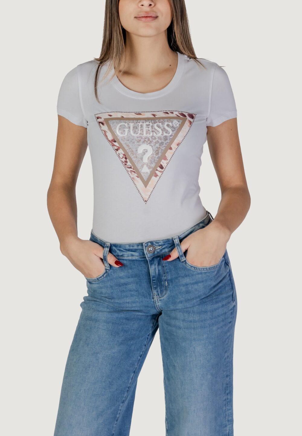T-shirt Guess ss cn cheeta logo Bianco - Foto 1