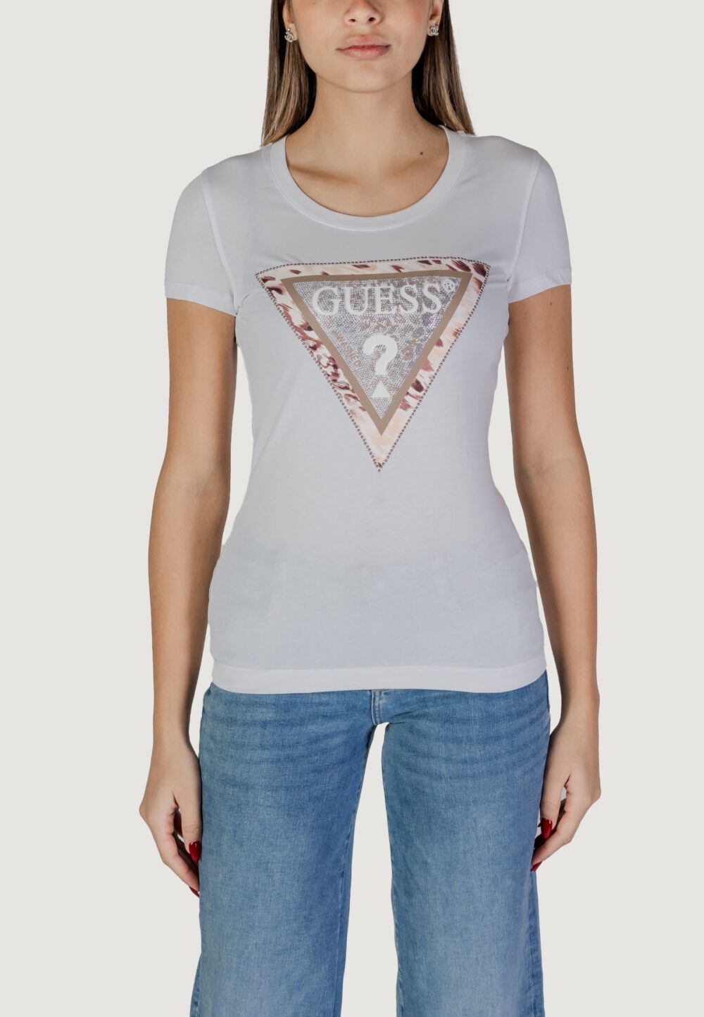 T-shirt Guess ss cn cheeta logo Bianco - Foto 4
