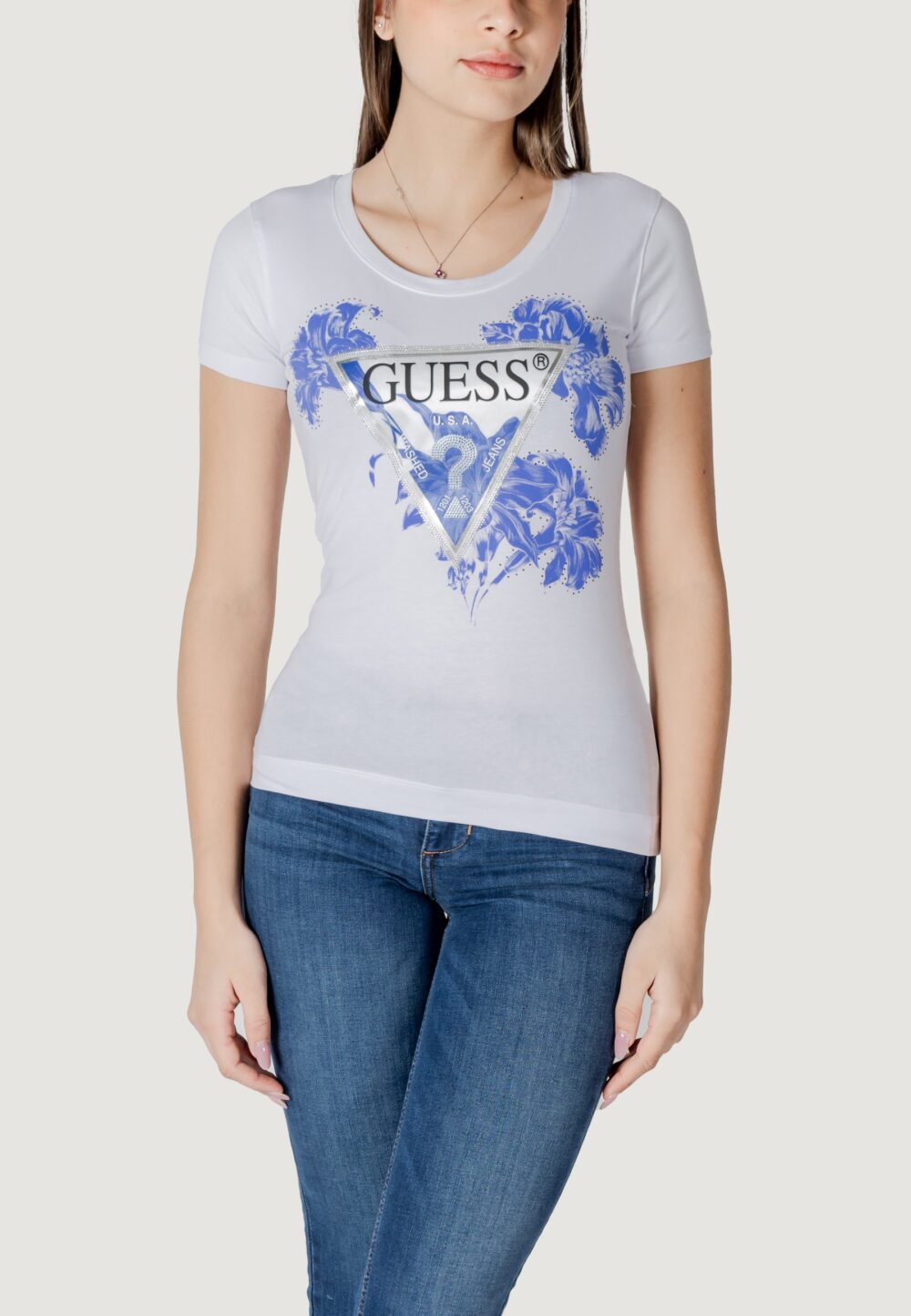 T-shirt Guess ss cn flower triangl Bianco - Foto 1