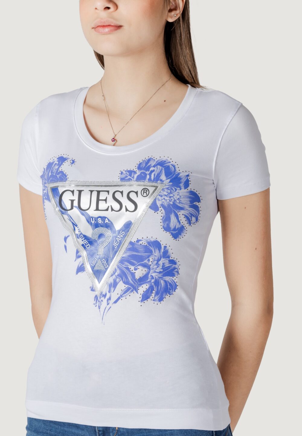 T-shirt Guess ss cn flower triangl Bianco - Foto 2