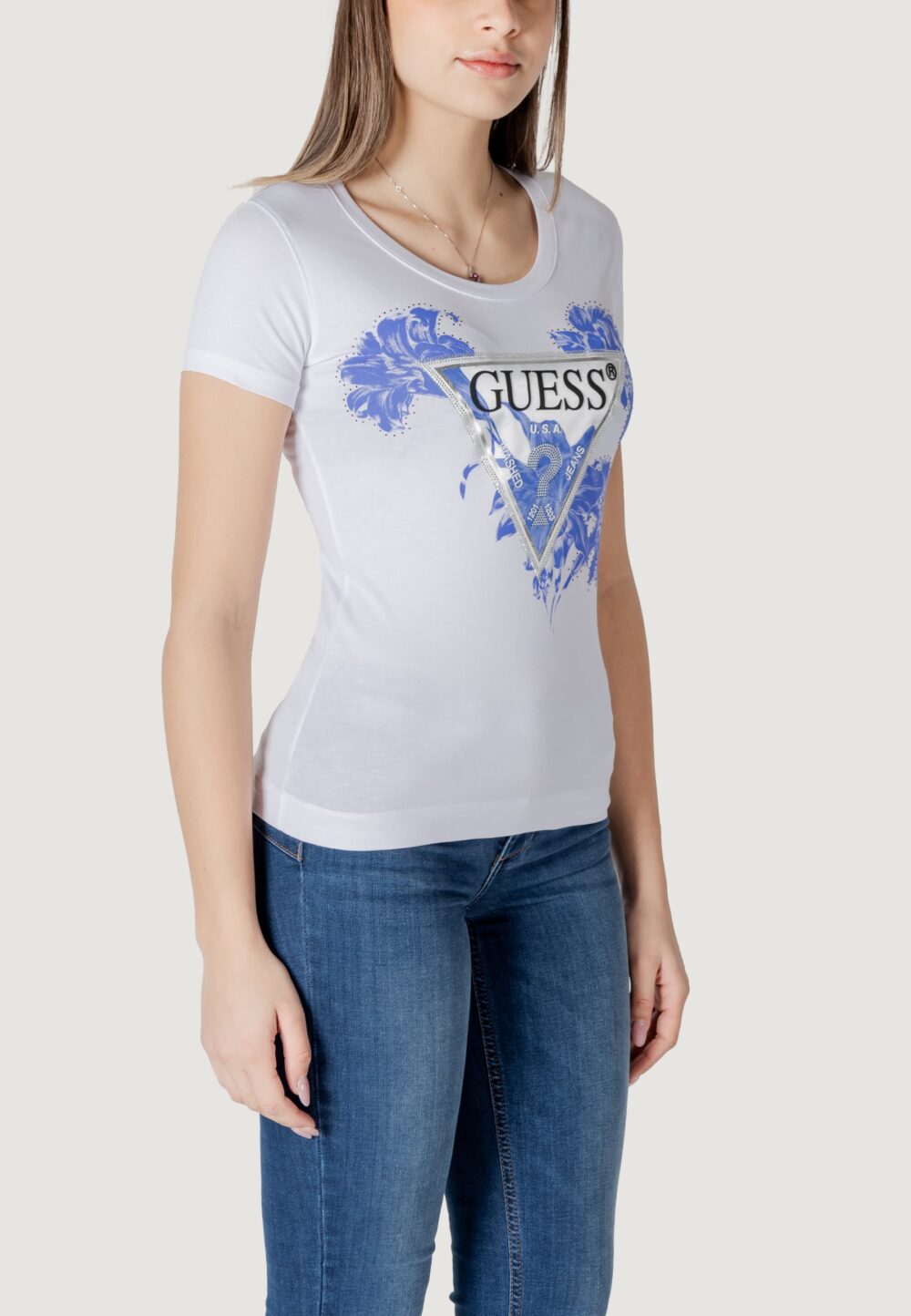 T-shirt Guess ss cn flower triangl Bianco - Foto 3