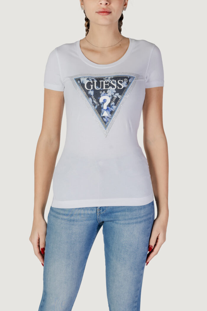T-shirt Guess ss cn triangle flower Bianco