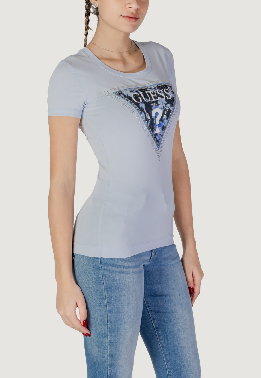 T-shirt Guess ss cn triangle flower Celeste - Foto 3