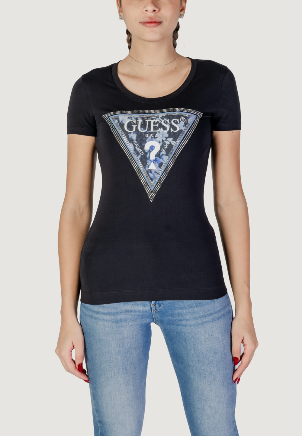 T-shirt Guess ss cn triangle flower Nero - Foto 1