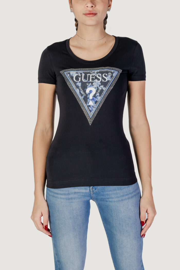 T-shirt Guess ss cn triangle flower Nero