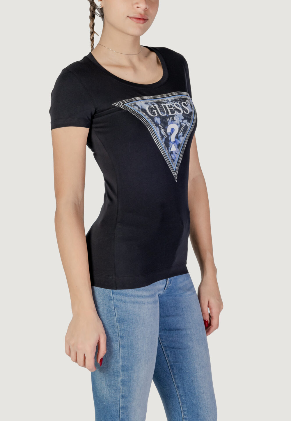 T-shirt Guess ss cn triangle flower Nero - Foto 3
