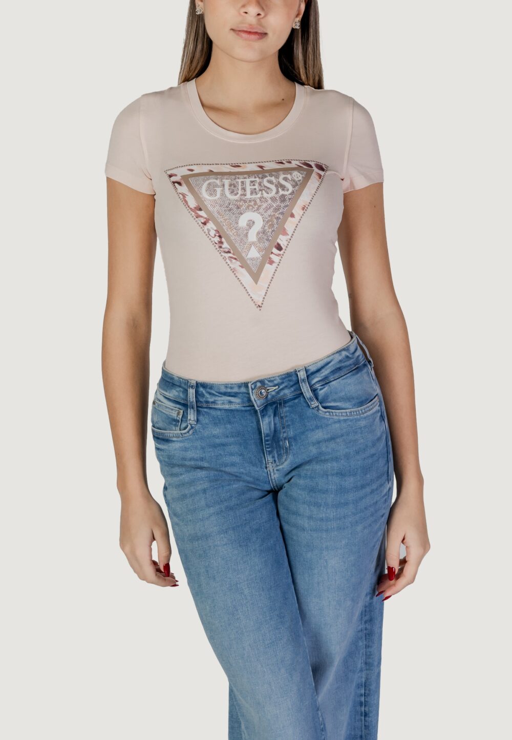 T-shirt Guess ss cn cheeta logo Rosa - Foto 1