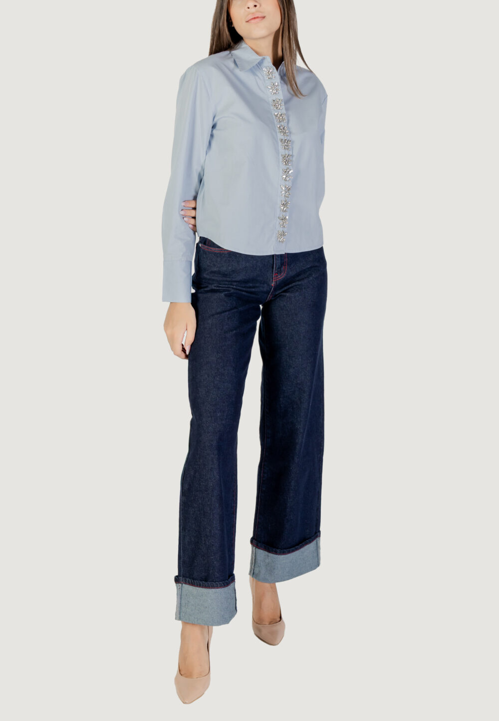 Camicia manica lunga Only onlcarly ls reg embelis shirt wvn Celeste - Foto 2