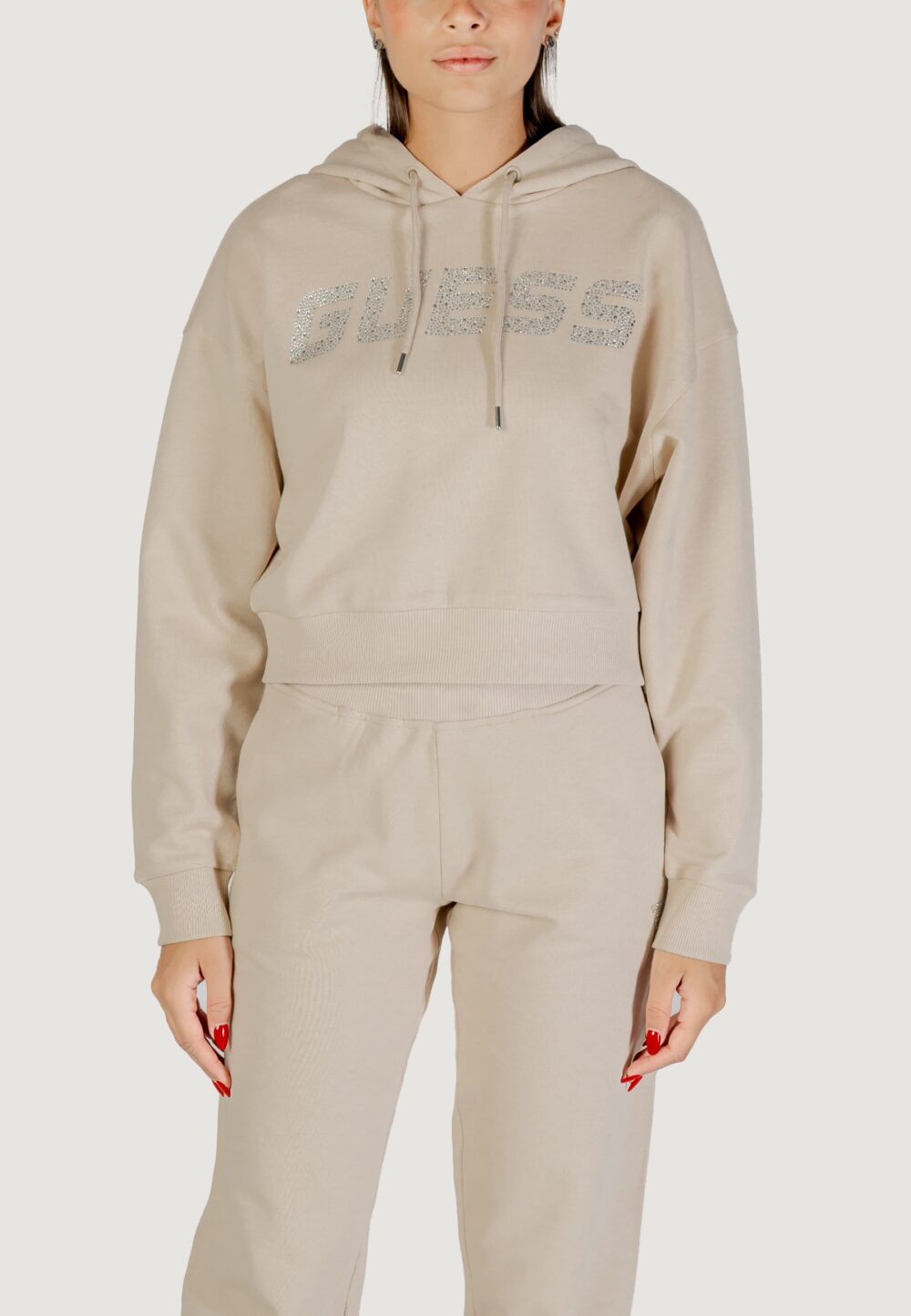 Felpa con cappuccio Guess Active primula rhinestones hoodie swe Beige chiaro - Foto 1