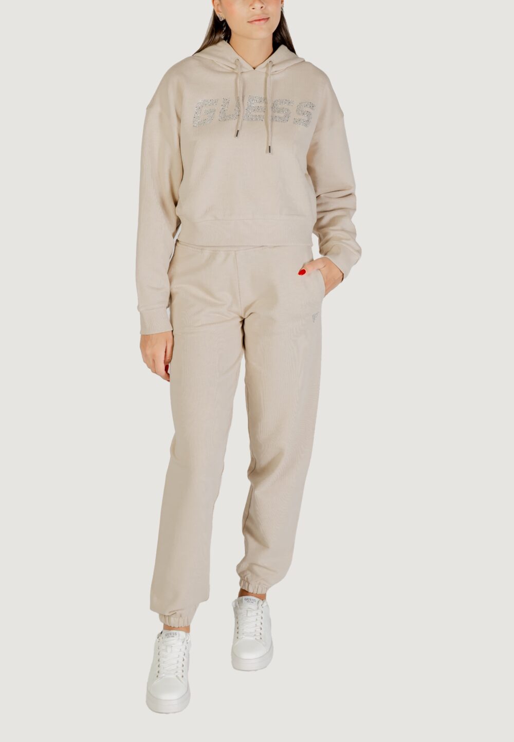 Felpa con cappuccio Guess Active primula rhinestones hoodie swe Beige chiaro - Foto 2