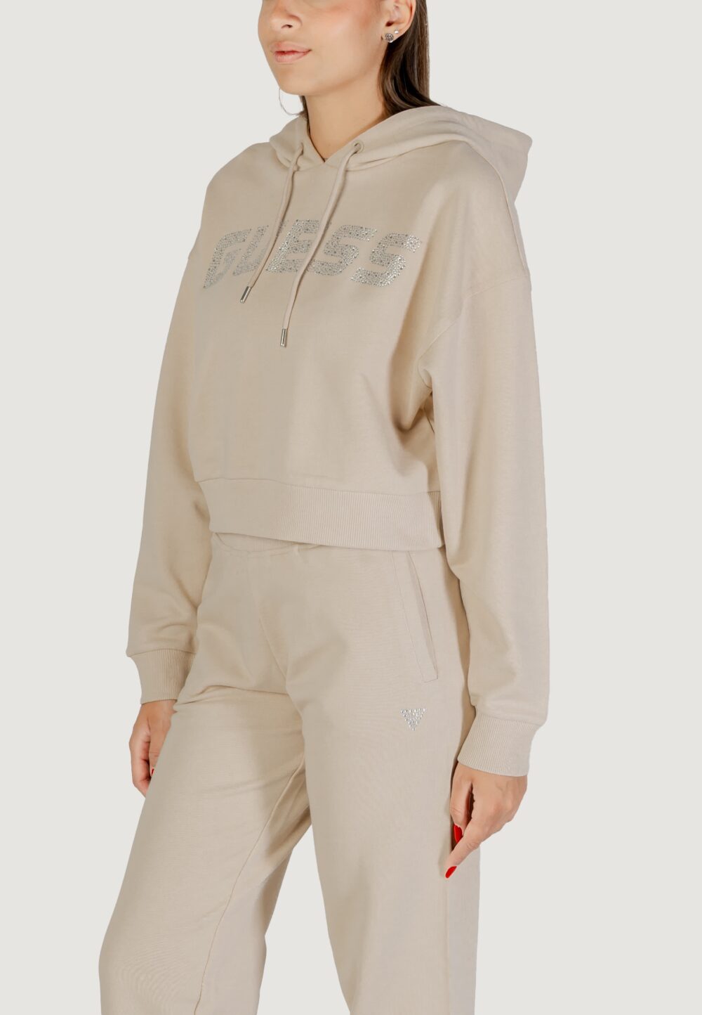 Felpa con cappuccio Guess Active primula rhinestones hoodie swe Beige chiaro - Foto 4