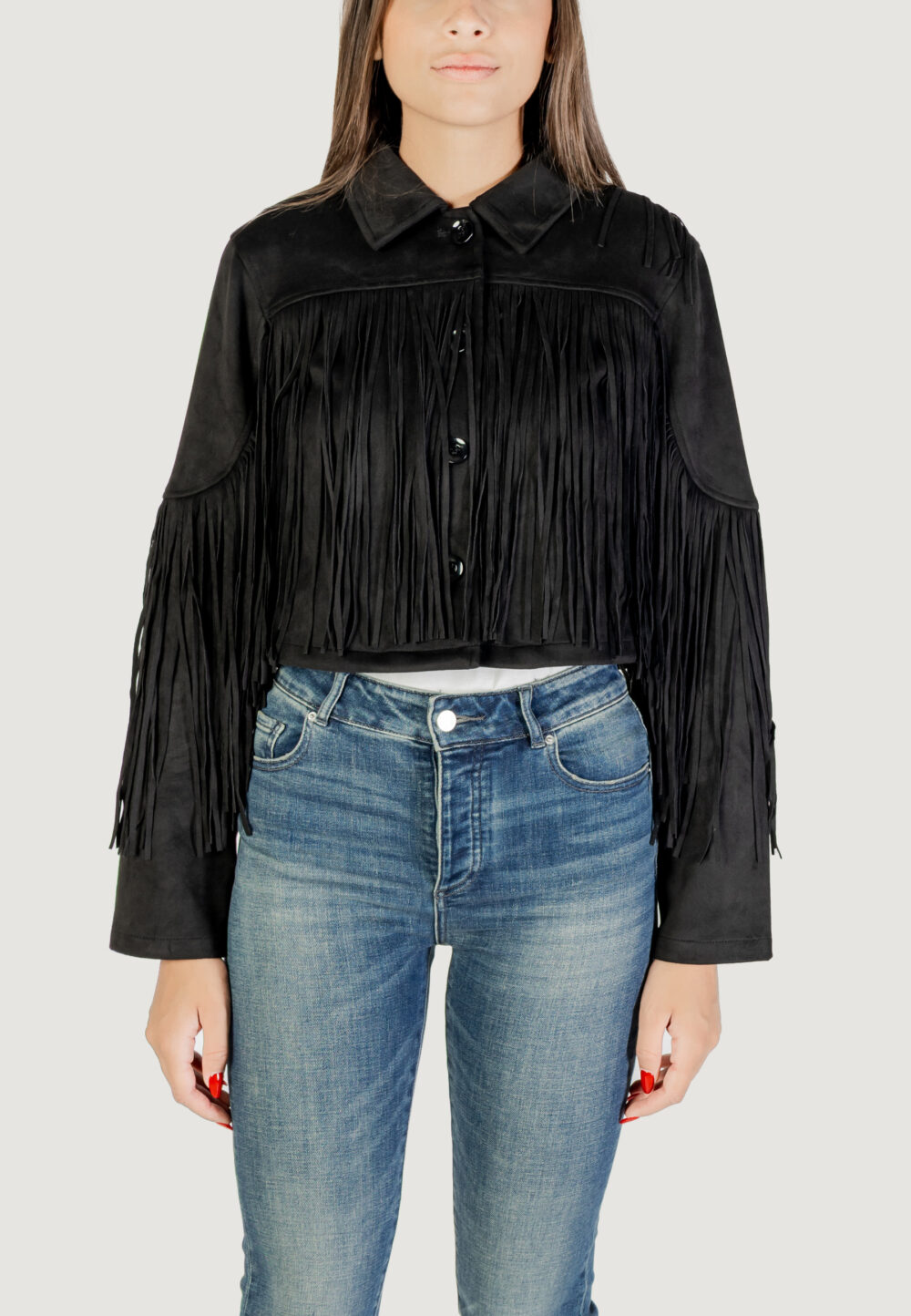 Giacchetto Only onldiane life faux suede fringes otw Nero - Foto 1