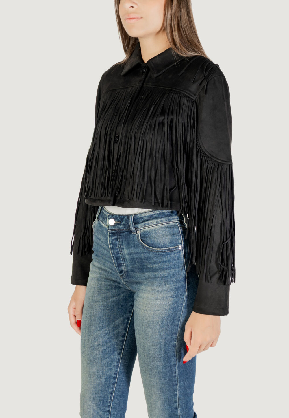 Giacchetto Only onldiane life faux suede fringes otw Nero - Foto 2