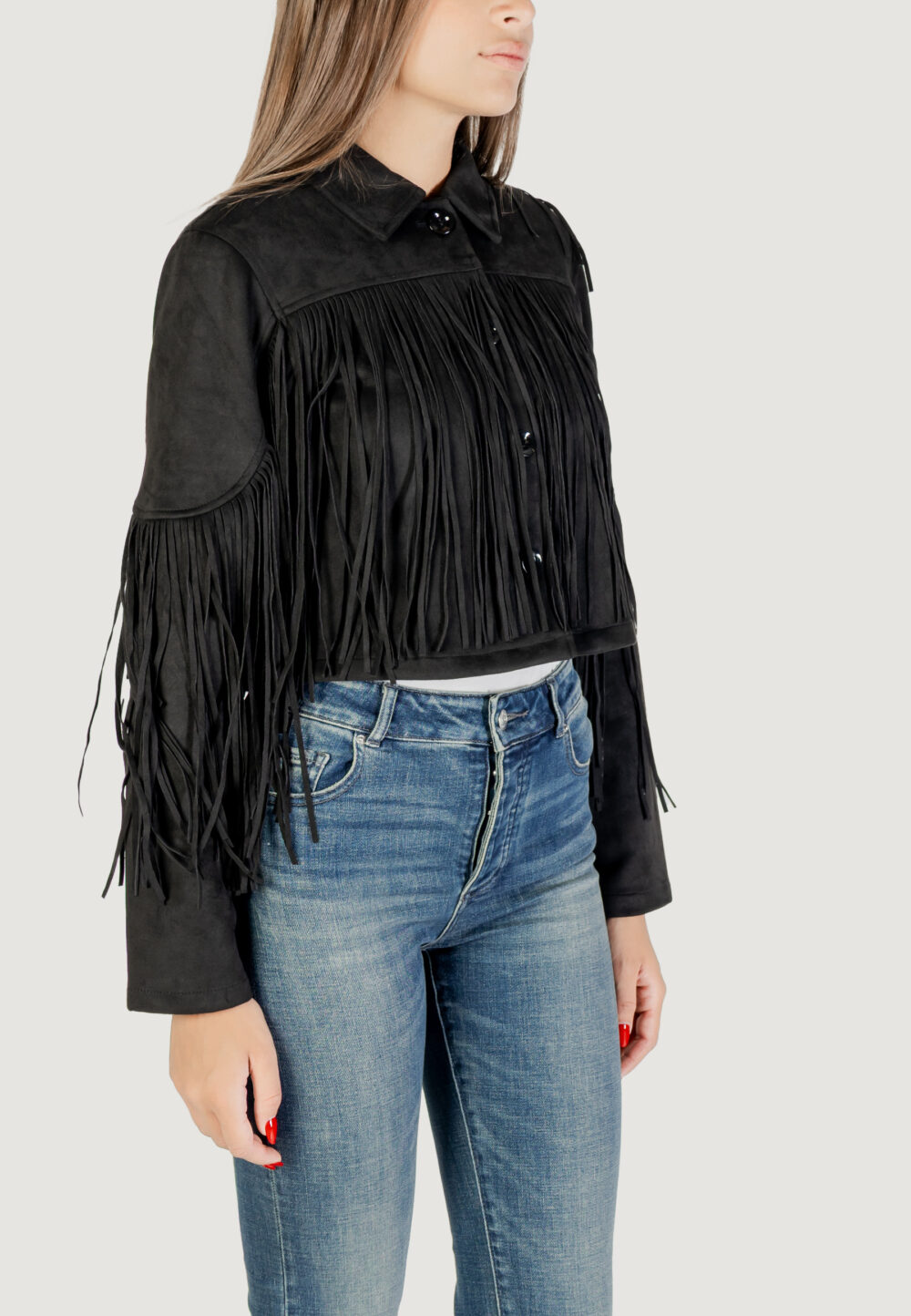 Giacchetto Only onldiane life faux suede fringes otw Nero - Foto 3