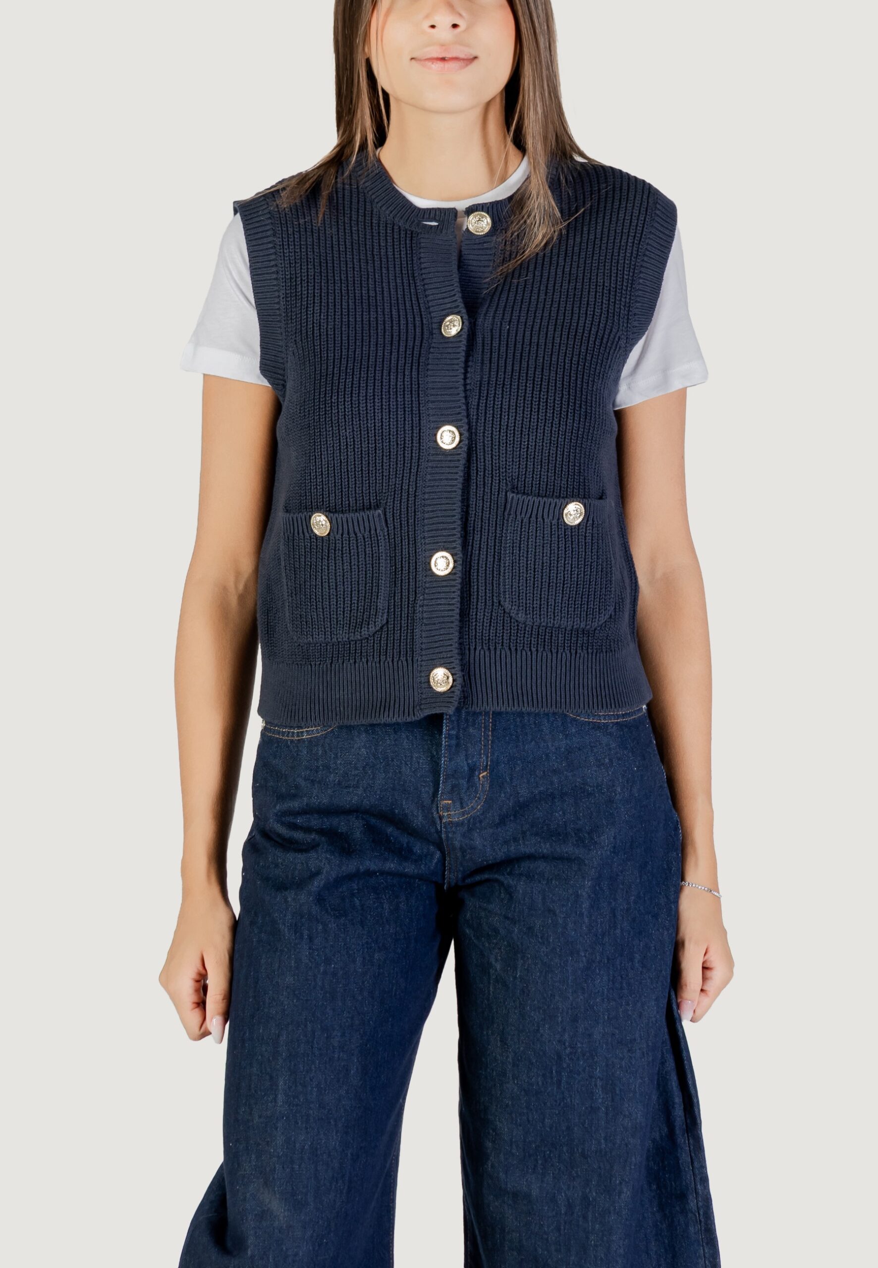 Maglia gilet Jacqueline de Yong jdystella s/l o-neck vest knt Blue scuro - Foto 1