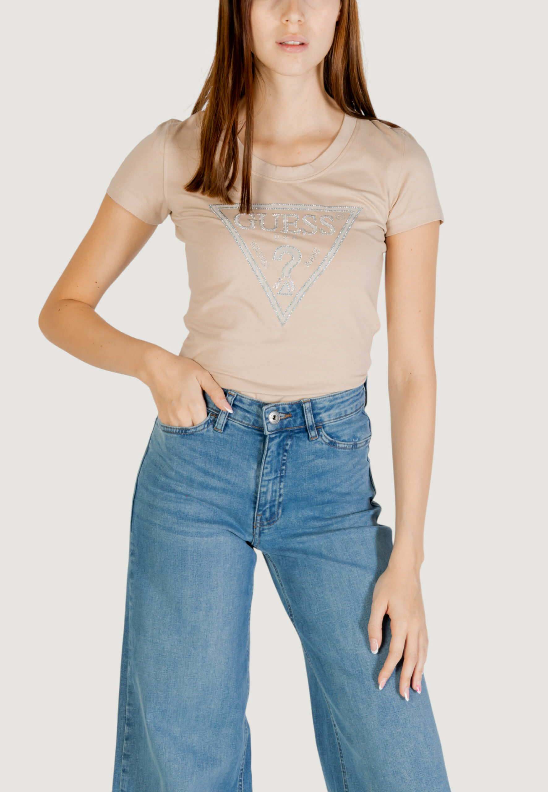 T-shirt Guess ss cn shiny triangle Beige - Foto 1
