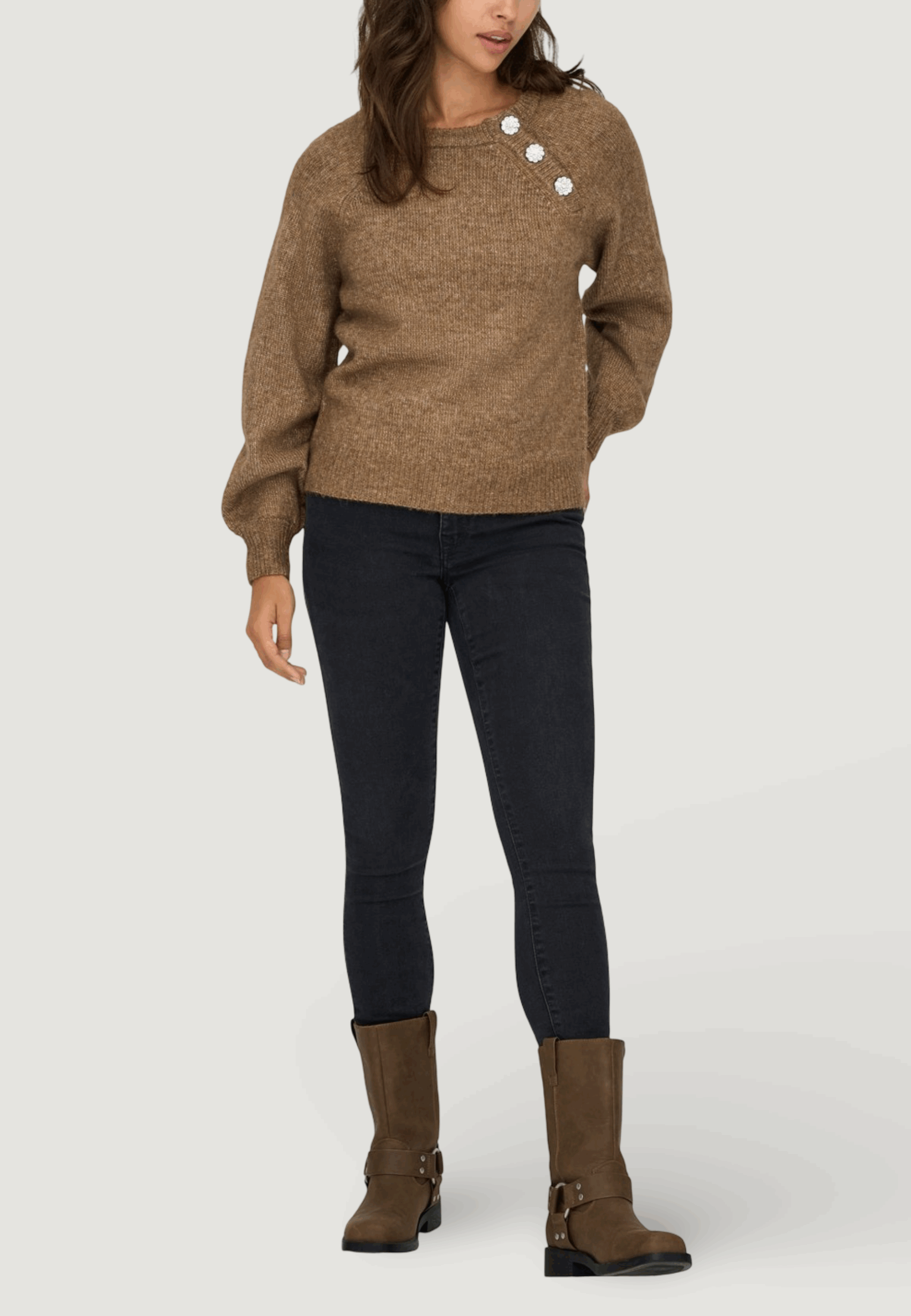 Maglione Only onllauren life ls o-neck button knt Marrone - Foto 3