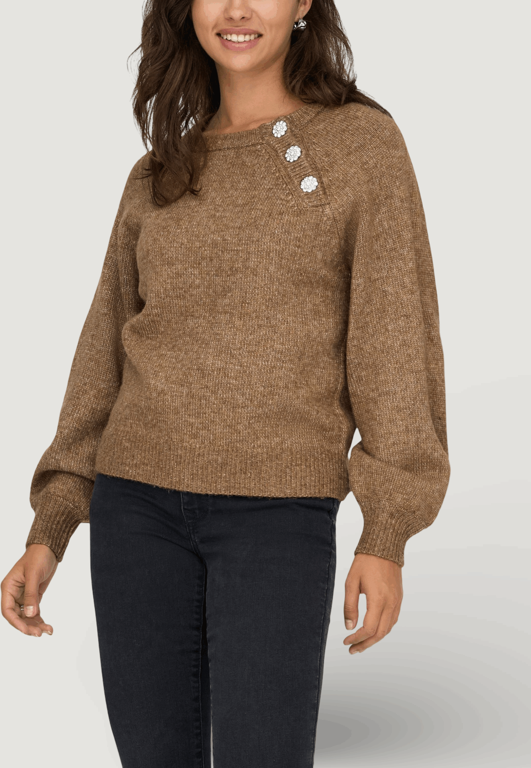 Maglione Only onllauren life ls o-neck button knt Marrone - Foto 1