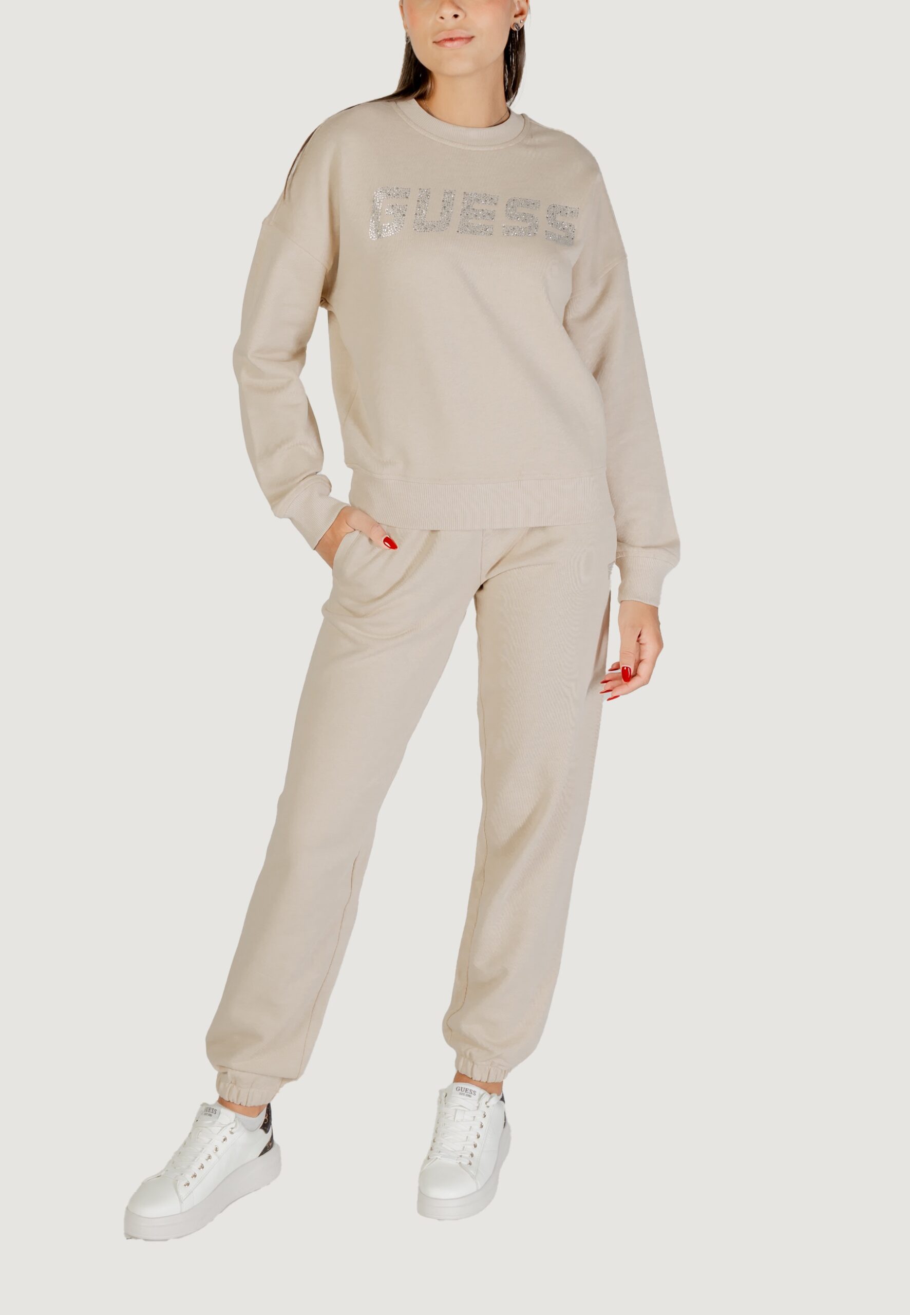 Felpa senza cappuccio Guess Active primula rhinestones cn sweatsh Beige chiaro - Foto 3