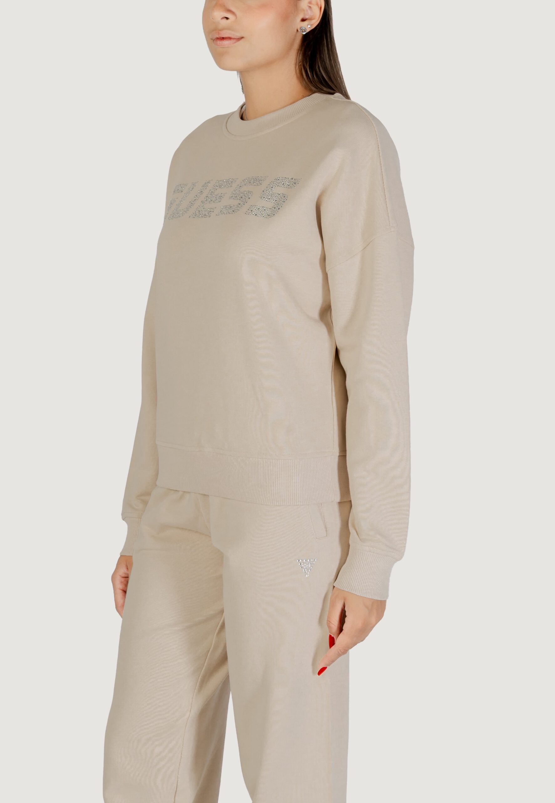 Felpa senza cappuccio Guess Active primula rhinestones cn sweatsh Beige chiaro - Foto 4