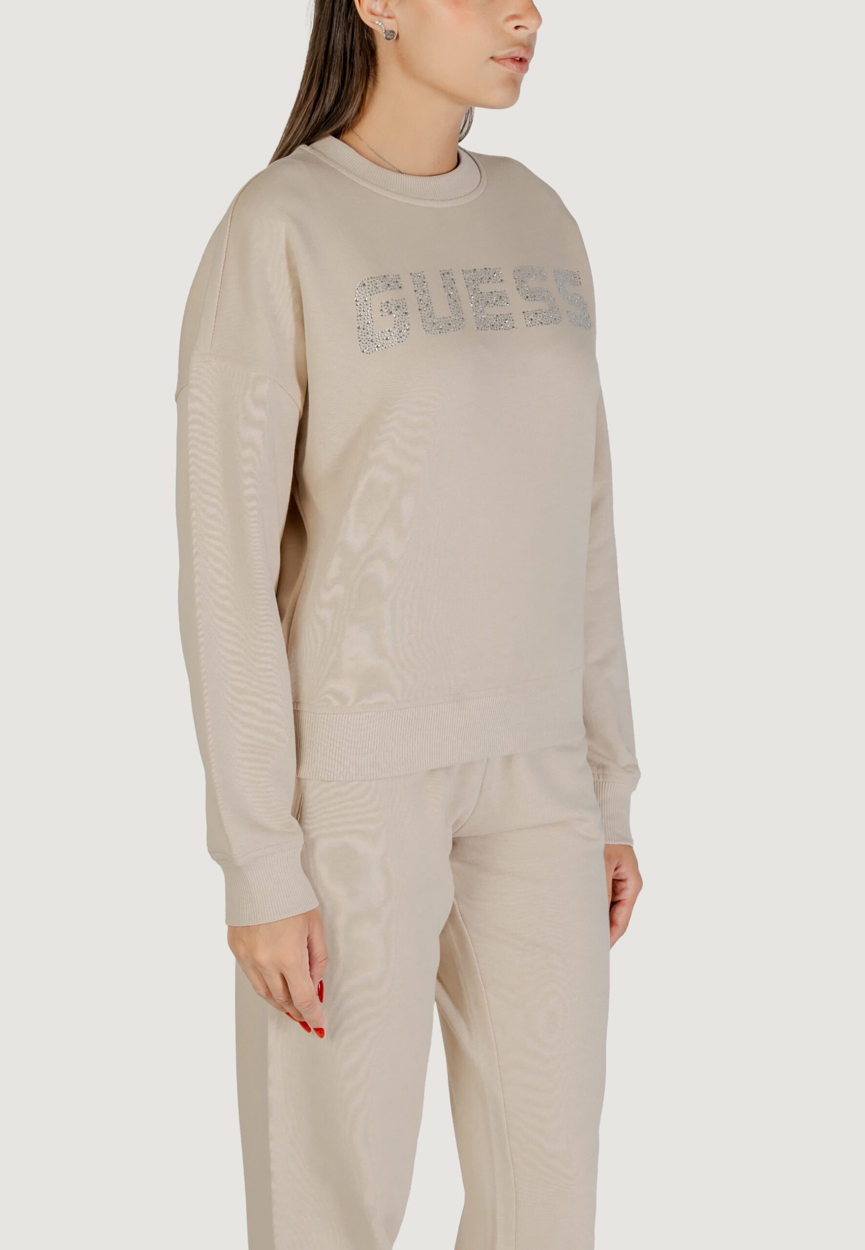 Felpa senza cappuccio Guess Active primula rhinestones cn sweatsh Beige chiaro - Foto 5