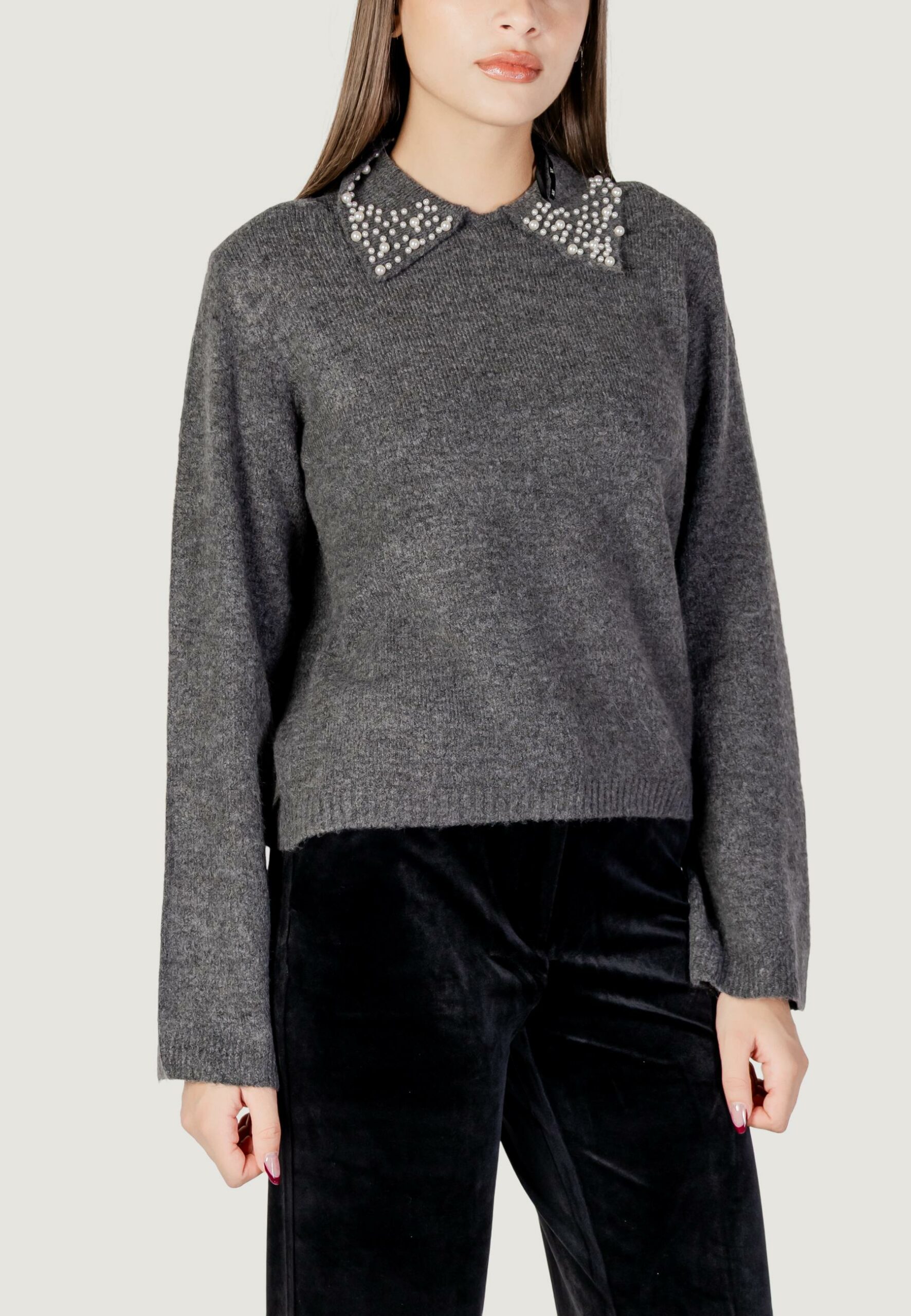 Maglione Jacqueline de Yong jdyaubray life l/s pearl collar pull knt Grigio Scuro - Foto 4