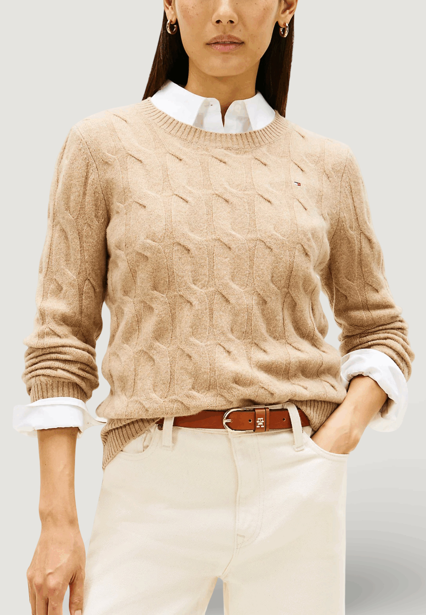 Maglione Tommy Hilfiger soft wool cable c-nk Beige chiaro - Foto 1
