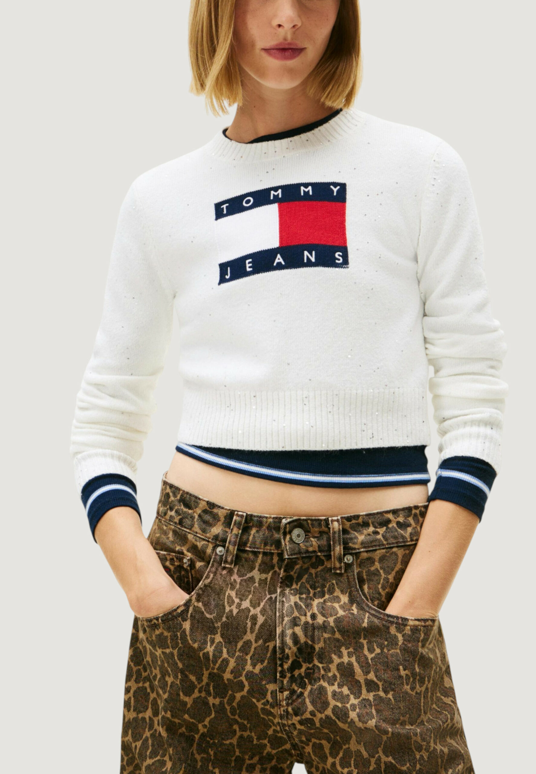Maglione Tommy Hilfiger Jeans tjw sparkle flag swe Panna - Foto 2