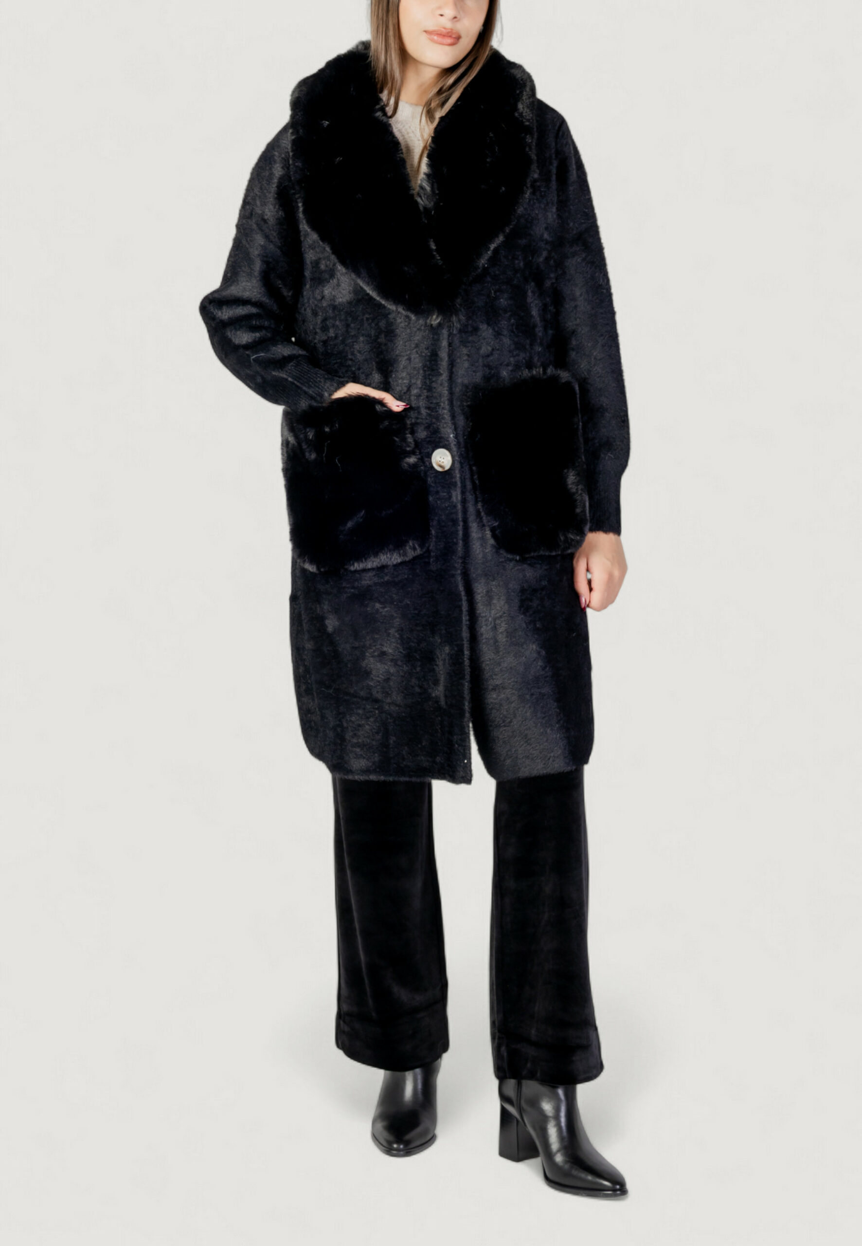 Pelliccia ecologica AYFEE giacca maglieria lunga con tasche Nero - Foto 1