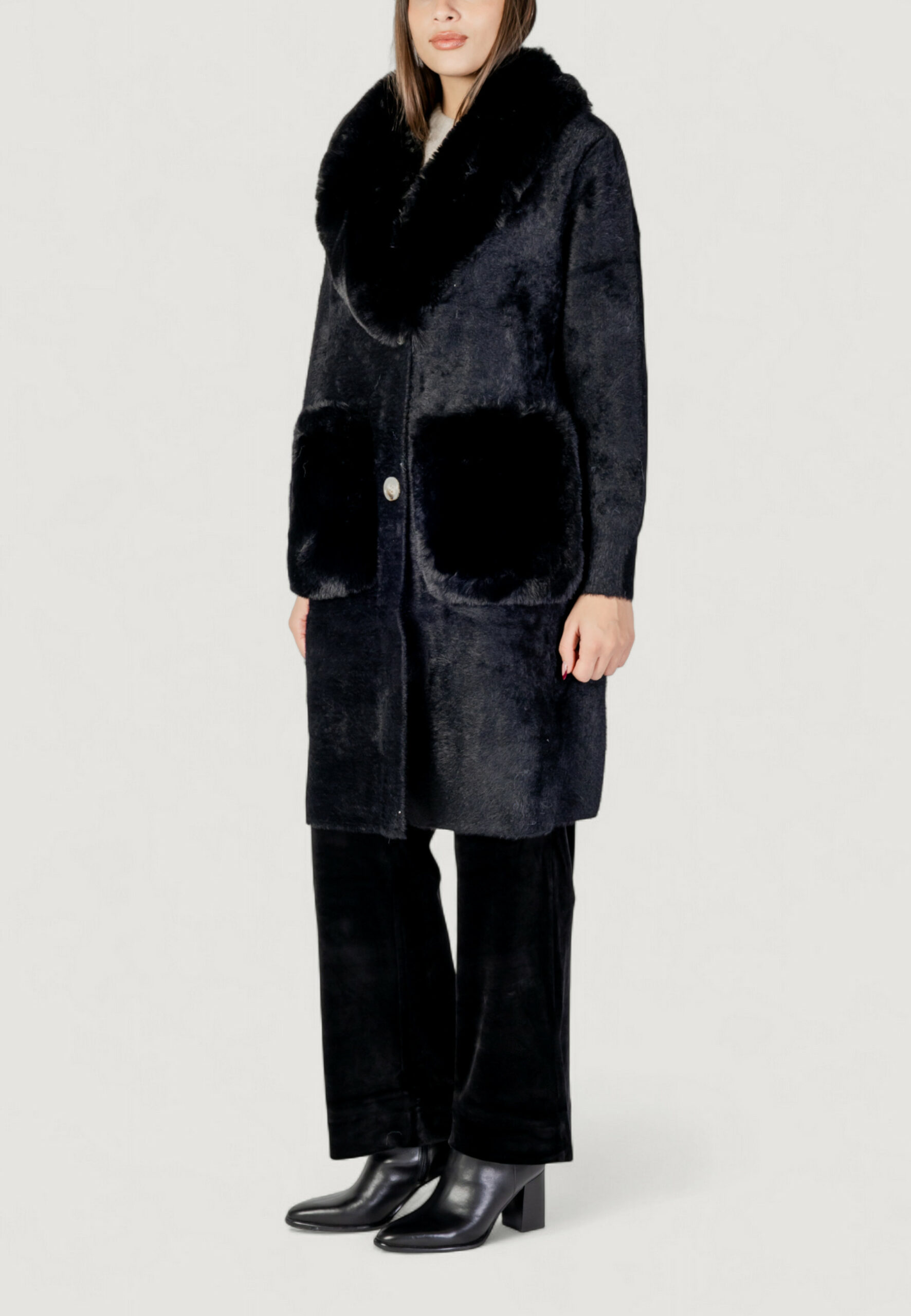 Pelliccia ecologica AYFEE giacca maglieria lunga con tasche Nero - Foto 2