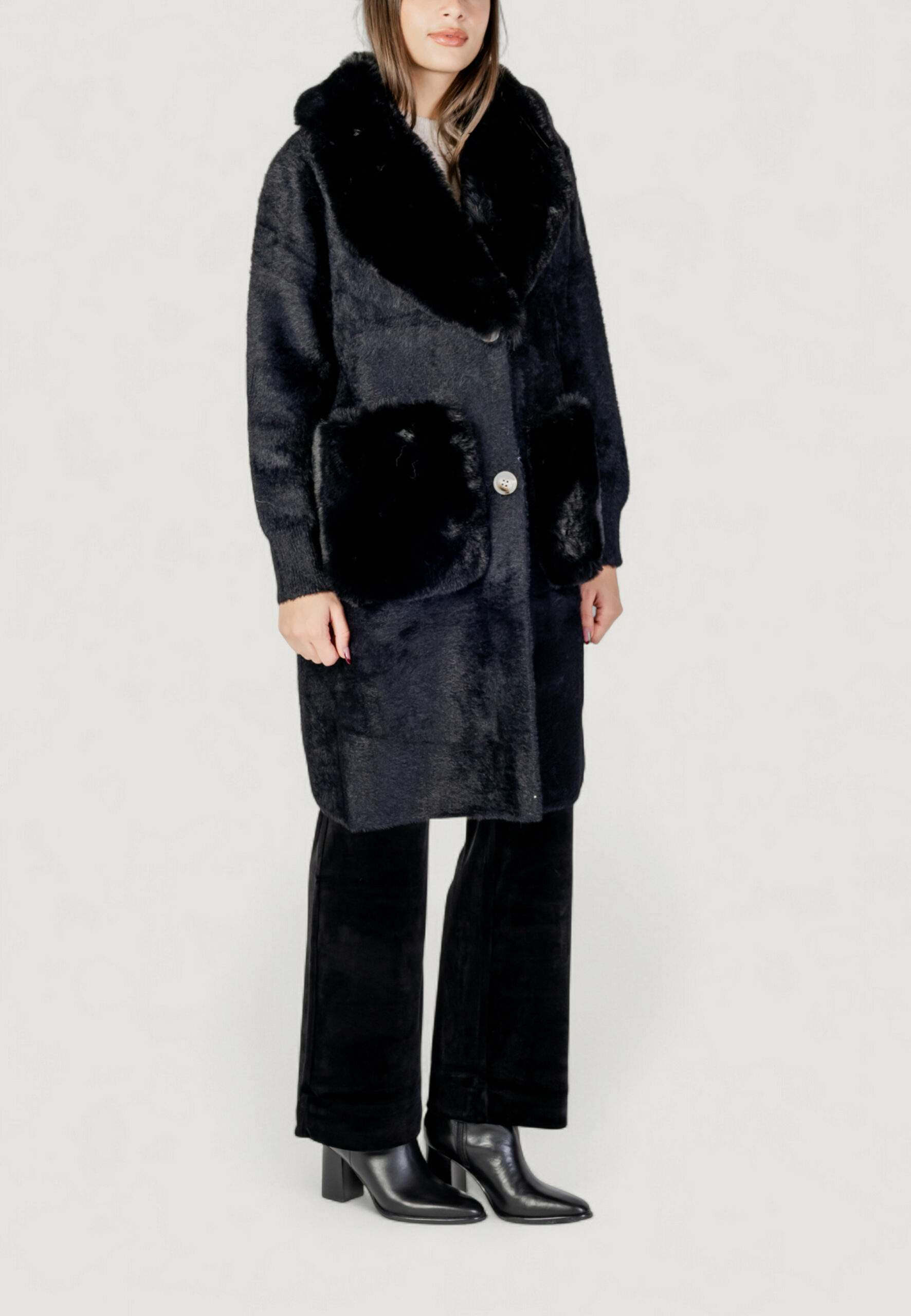 Pelliccia ecologica AYFEE giacca maglieria lunga con tasche Nero - Foto 3