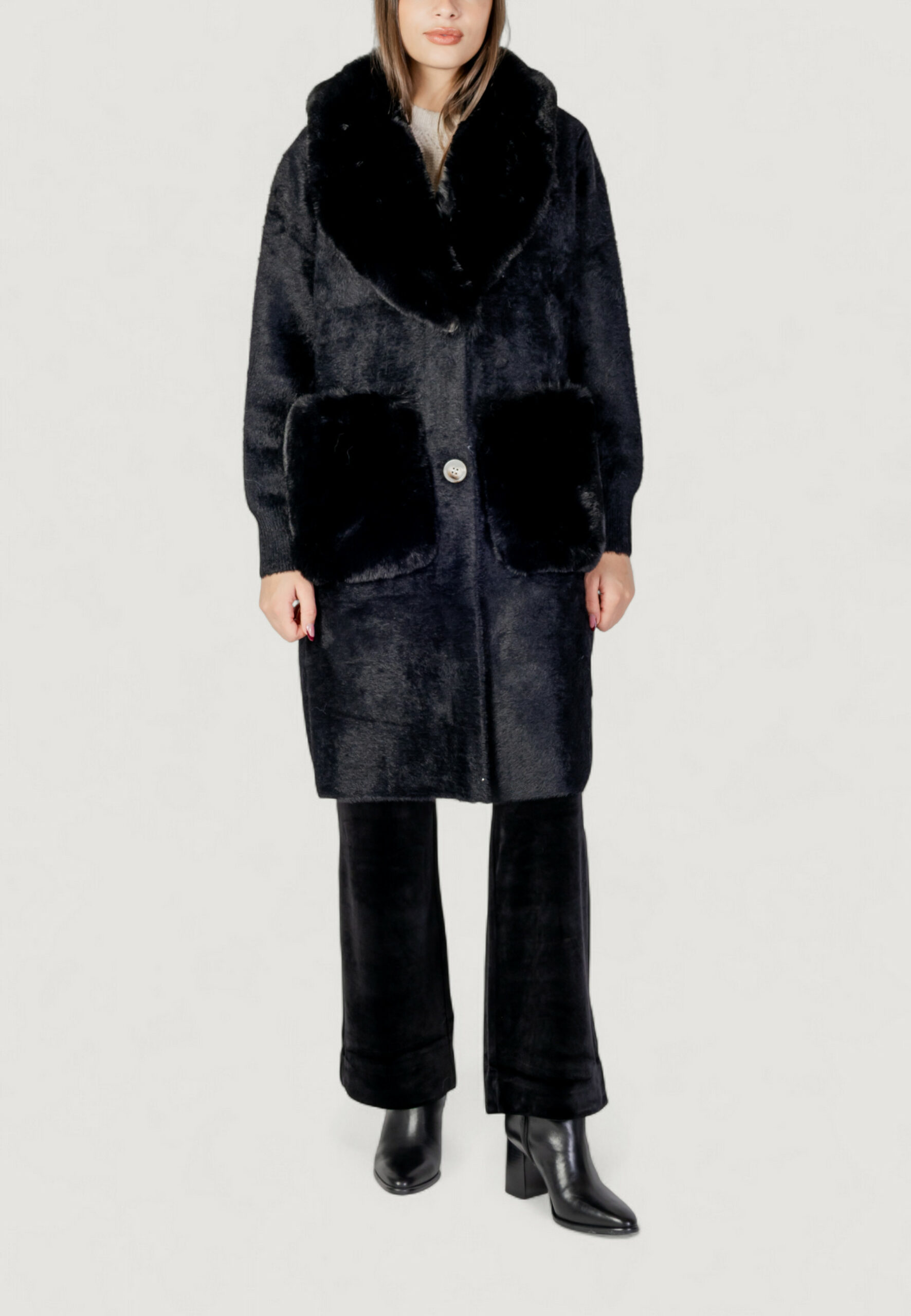 Pelliccia ecologica AYFEE giacca maglieria lunga con tasche Nero - Foto 5