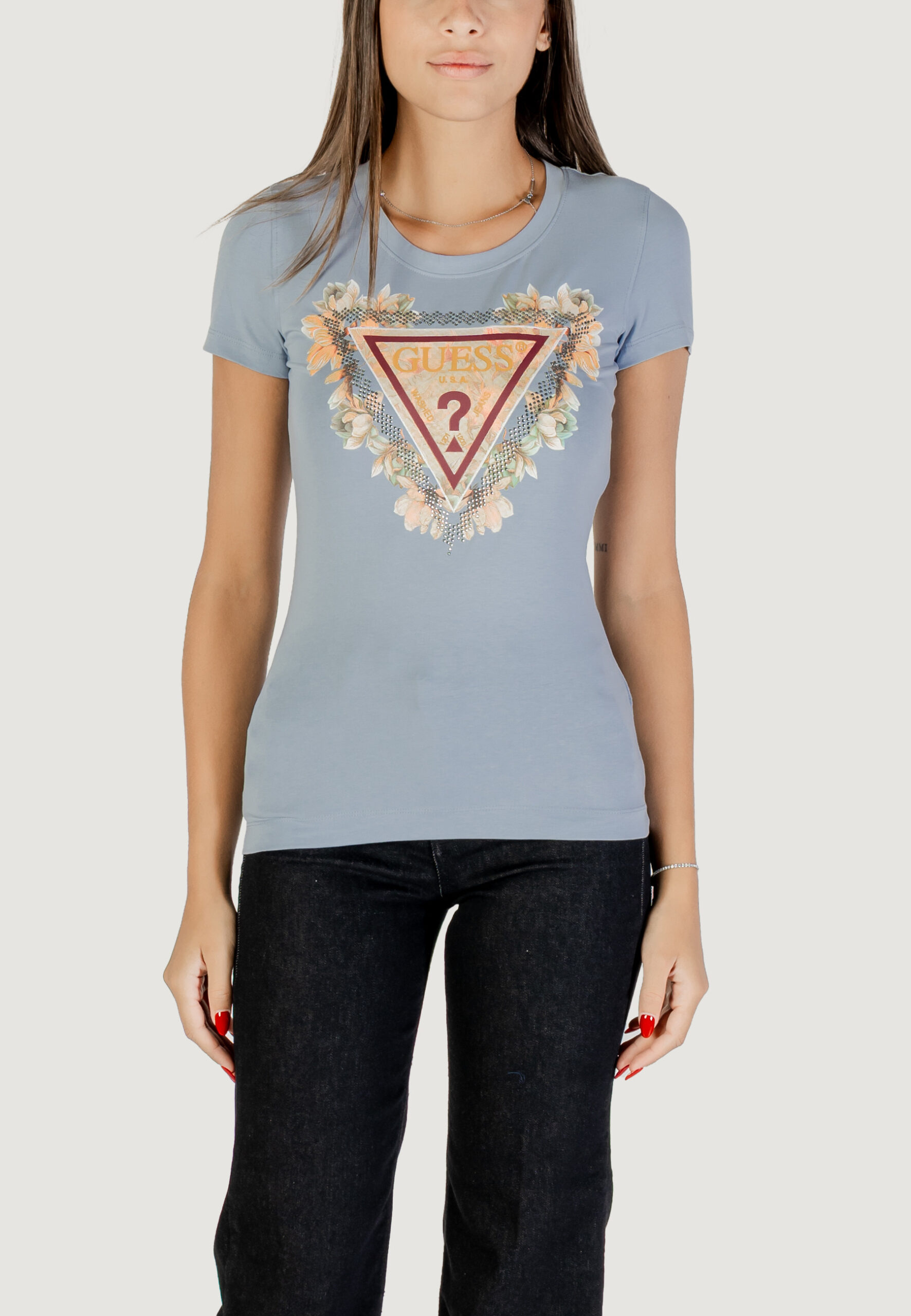 T-shirt Guess ss triangle flowers tee Indigo - Foto 1