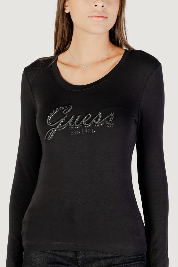 T-shirt manica lunga Guess cn ls embro script logo tee Nero