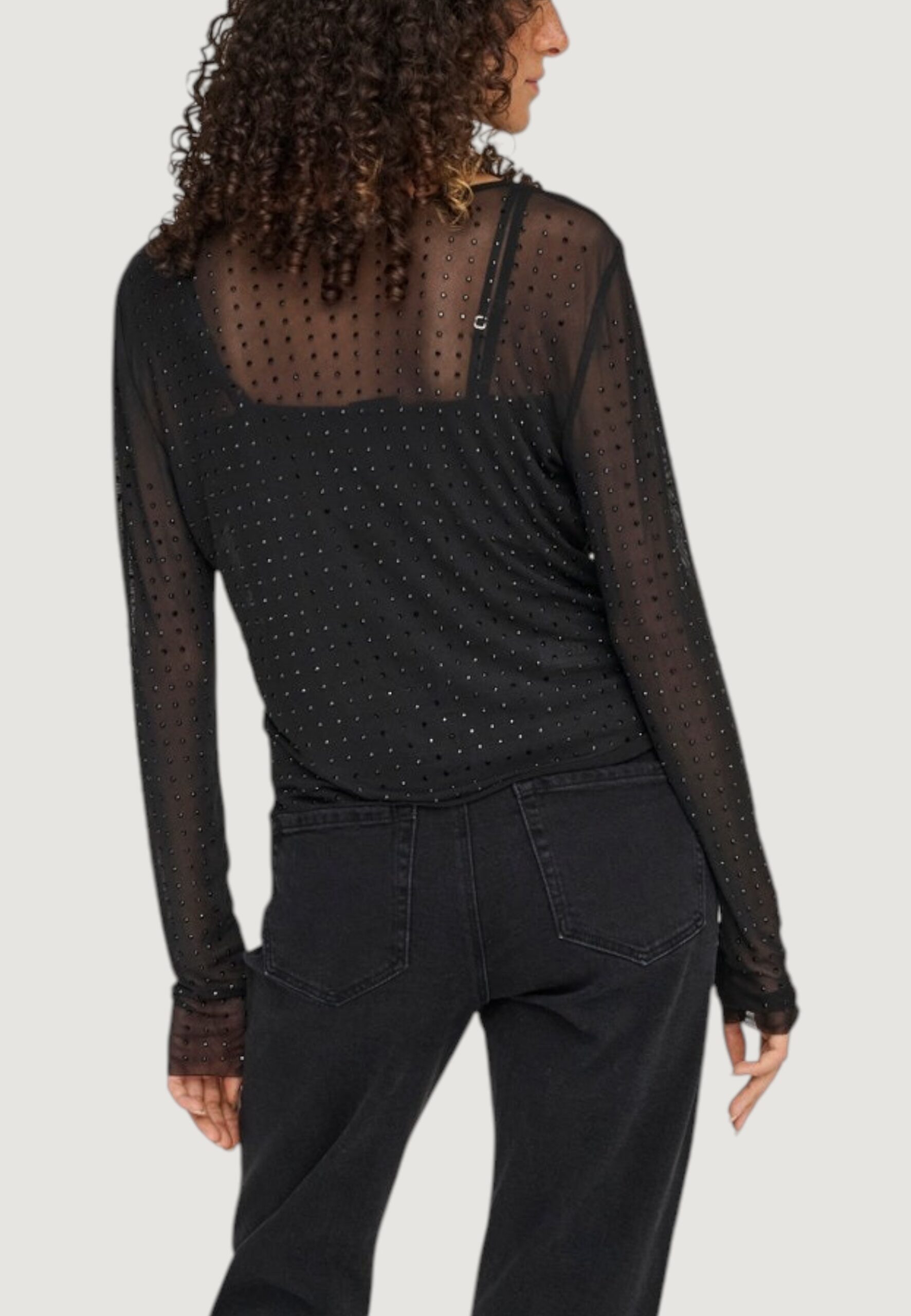 T-shirt manica lunga Only onlhilen ls rhinestone mesh top wvn Nero - Foto 2