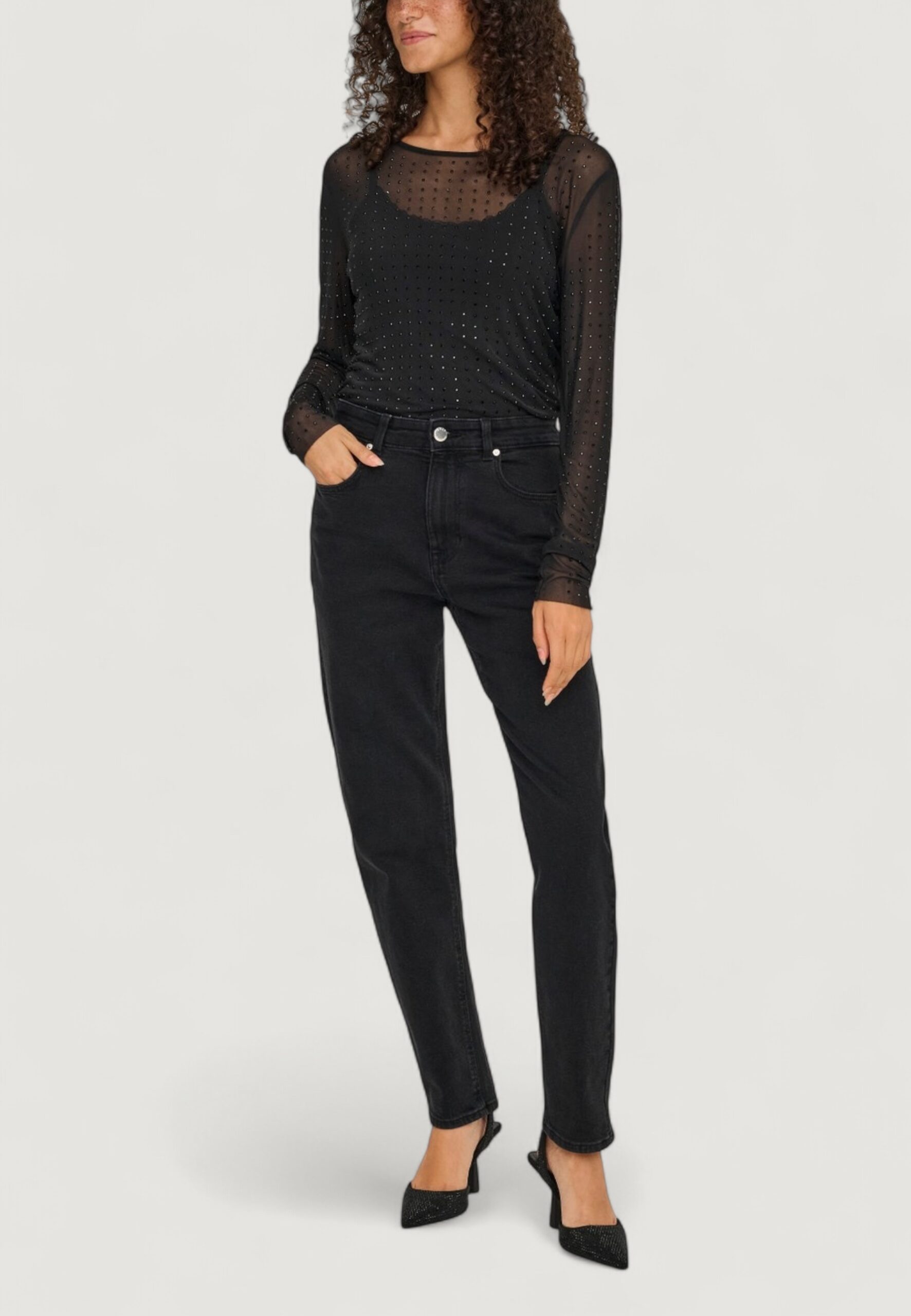 T-shirt manica lunga Only onlhilen ls rhinestone mesh top wvn Nero - Foto 3