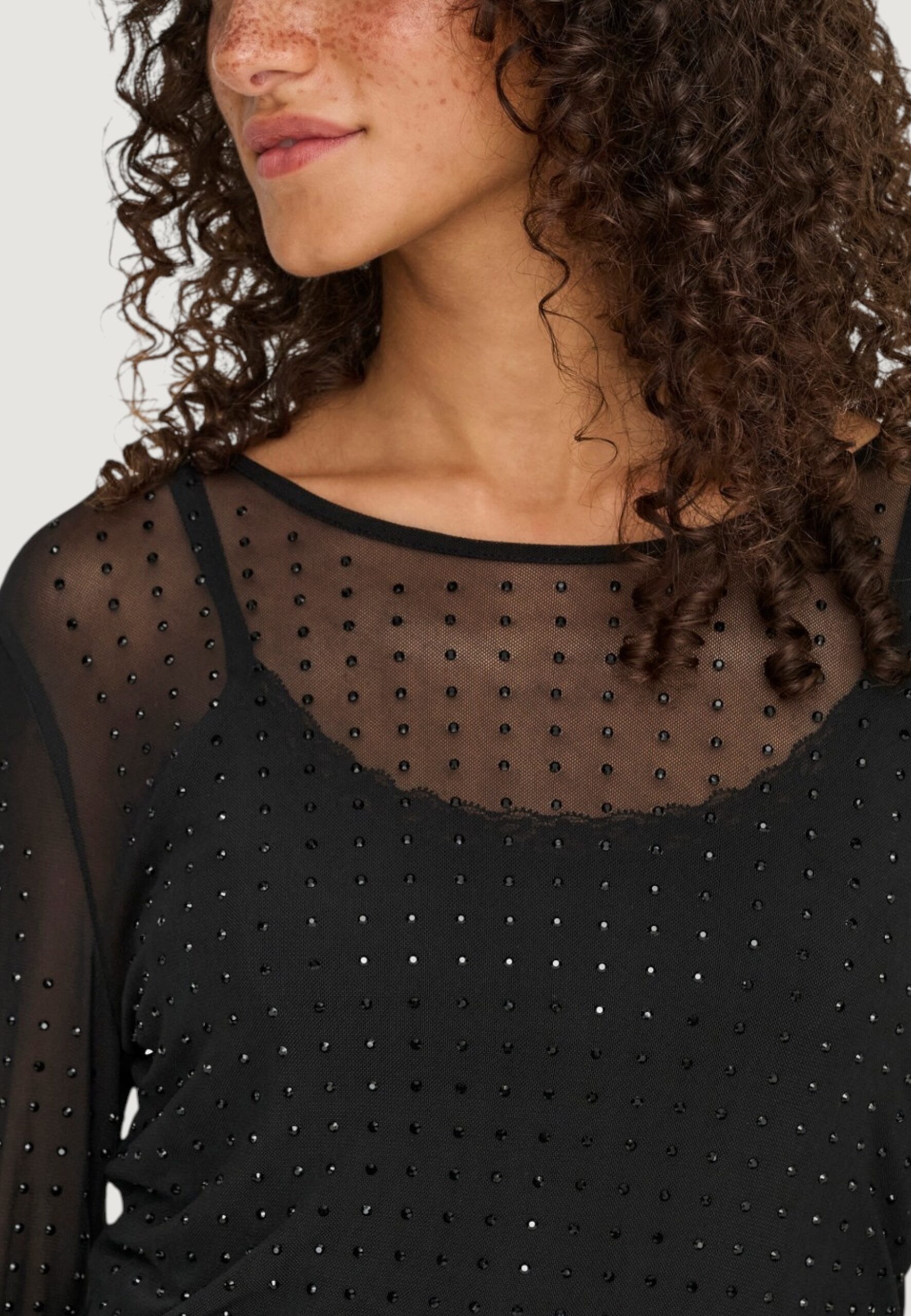 T-shirt manica lunga Only onlhilen ls rhinestone mesh top wvn Nero - Foto 4