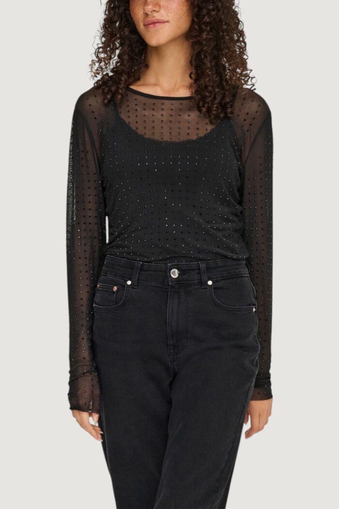 T-shirt manica lunga Only onlhilen ls rhinestone mesh top wvn Nero