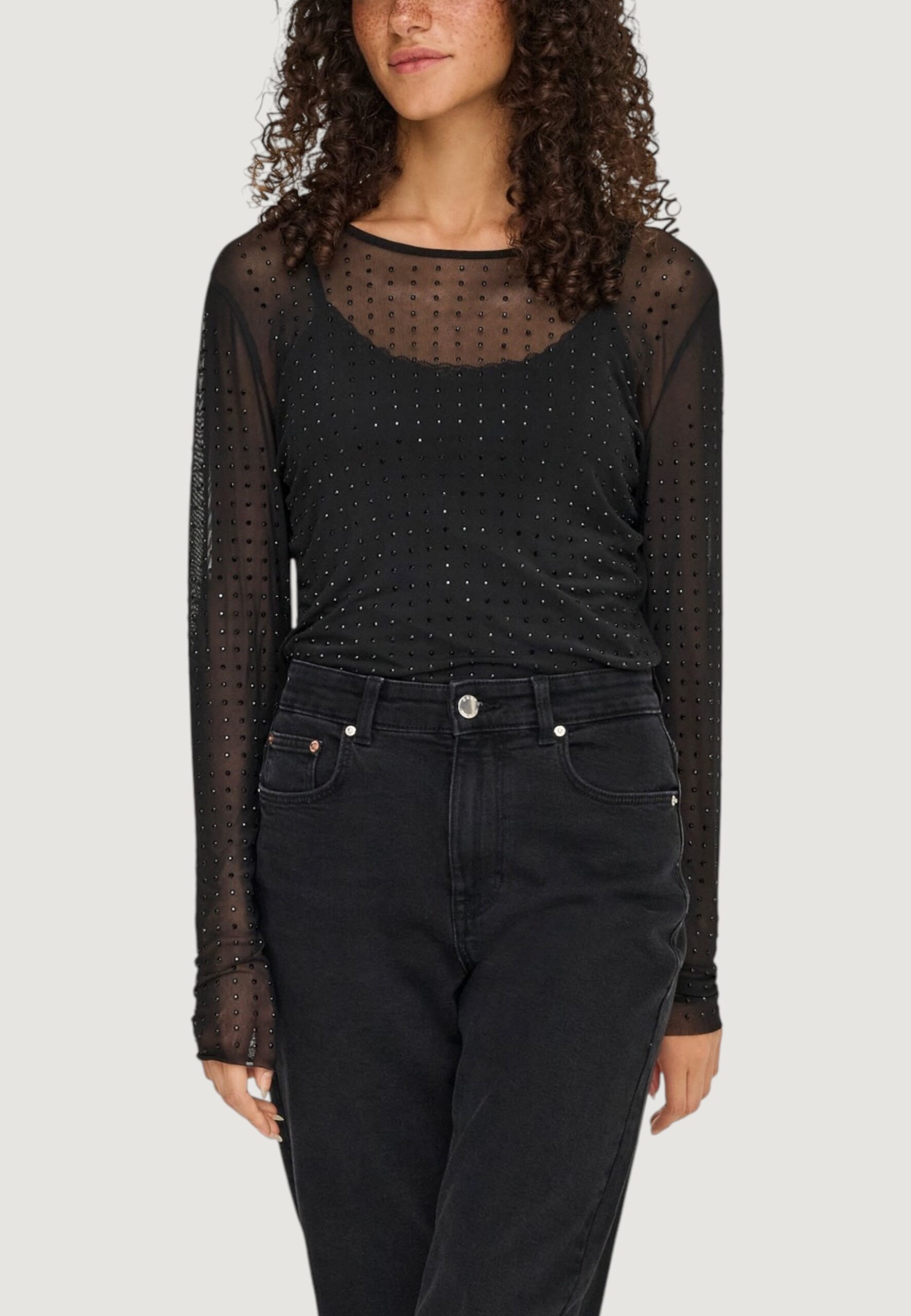 T-shirt manica lunga Only onlhilen ls rhinestone mesh top wvn Nero - Foto 1